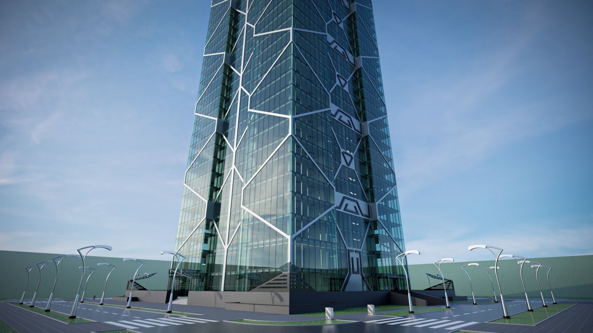 Skyscraper tall building with roof 3D model_7