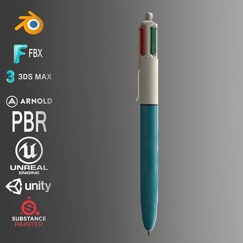 Four color ballpoint pen Free low-poly 3D model