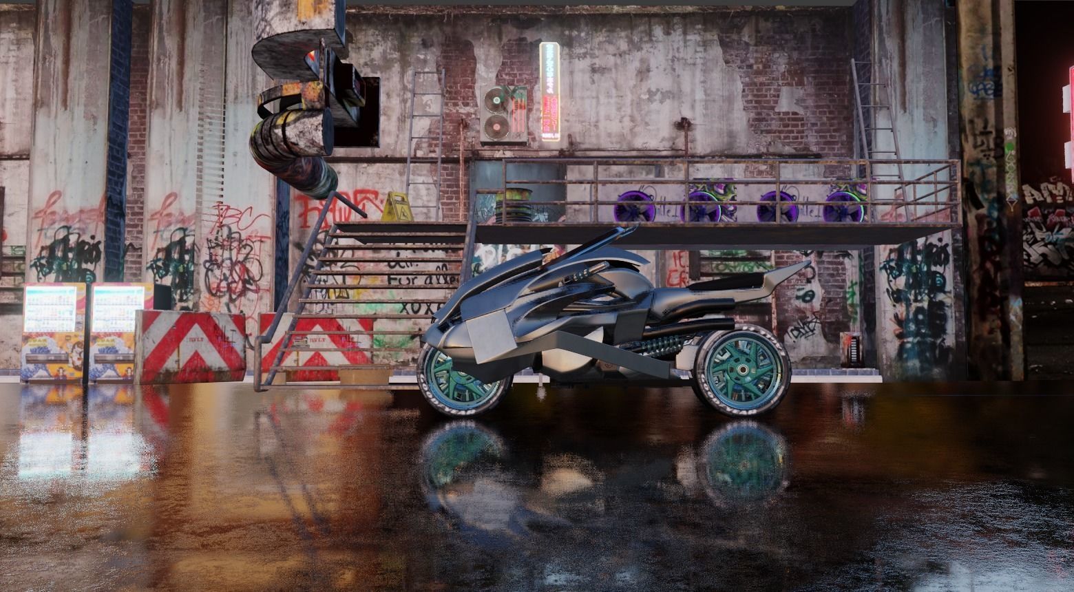 Cyberpunk Concept Motorcycle and Environment 3D model_11