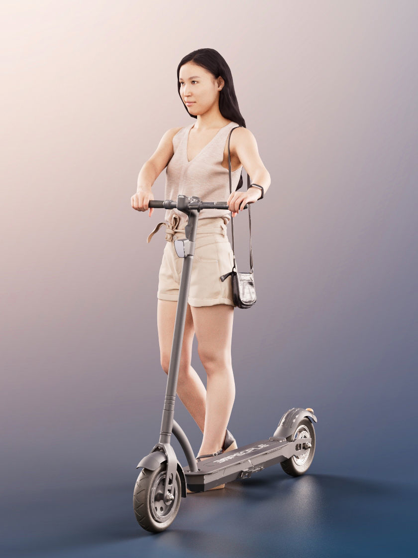 Anita 11312  - Young Woman Pushing A Scooter 3D model_3