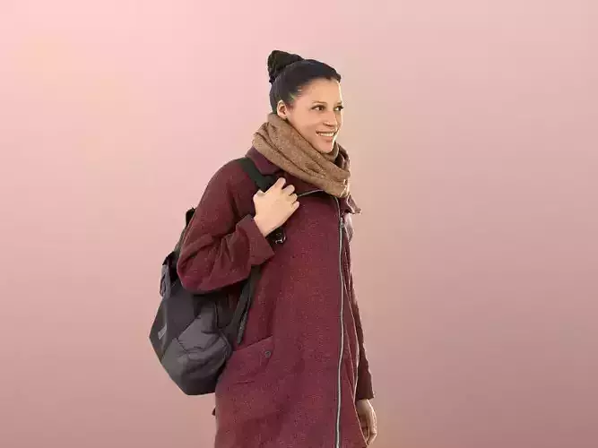 Diana 10883 - Woman In Coat And Scarf Walking With Backpack 3D model