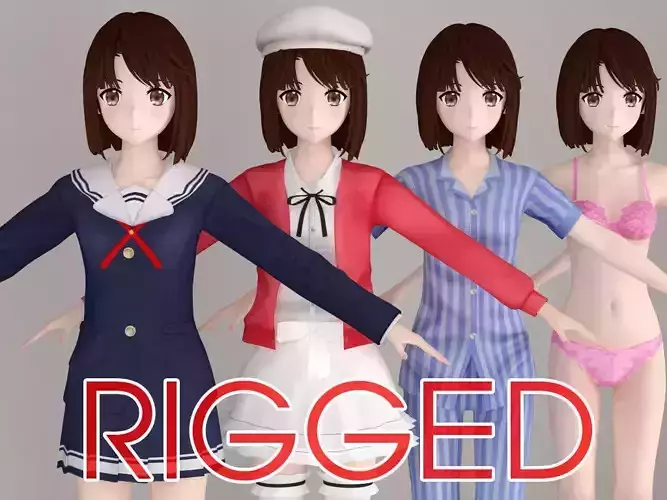 T pose rigged model of Megumi Kato anime girl
