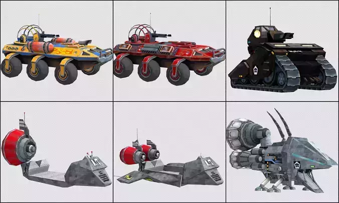 Pack D different vehicles in futuristic setting Low-poly 3D model