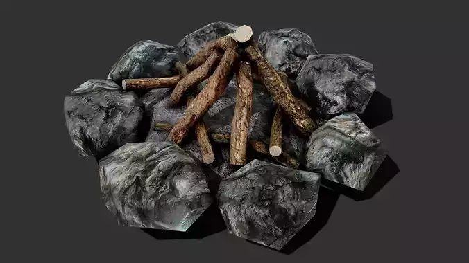 Campfire fire pit with logs and rocks Low-poly 3D model