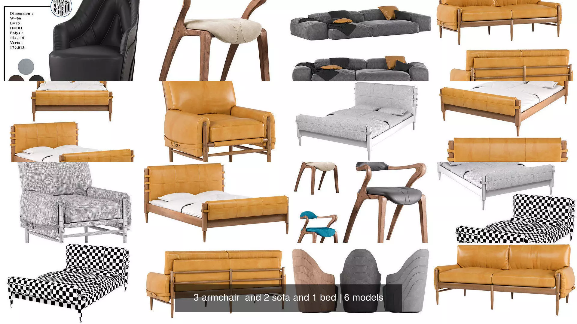 3 armchair and 2 sofa and 1 bed 3D Model Collection_0