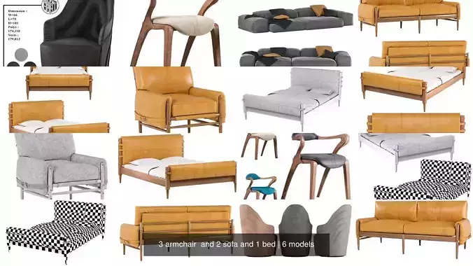 3 armchair  and 2 sofa and 1 bed