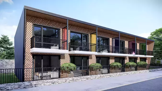 Motel modern apartment building with balconies Low-poly 3D model