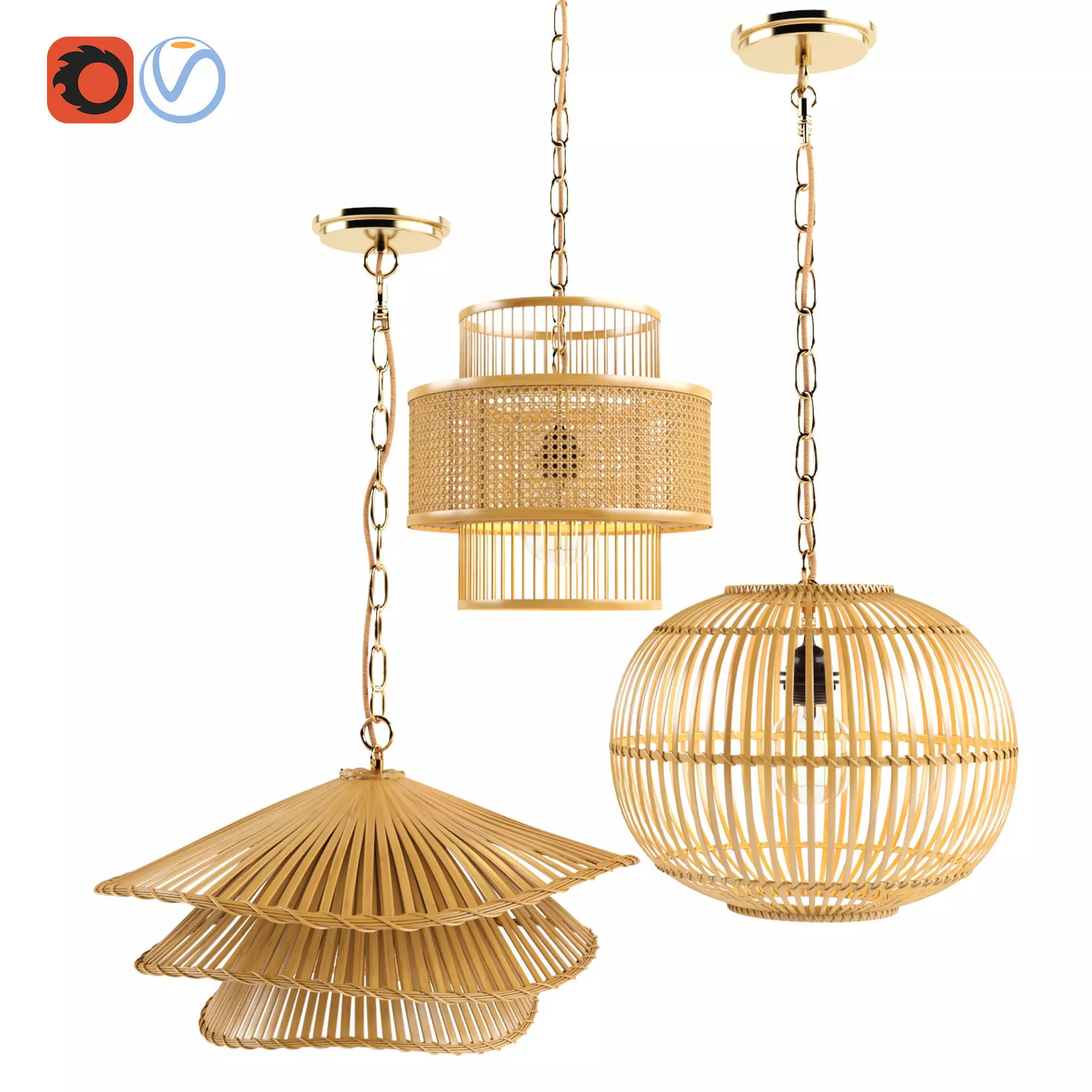 Bamboo rattan lantern set 2 3D model_0