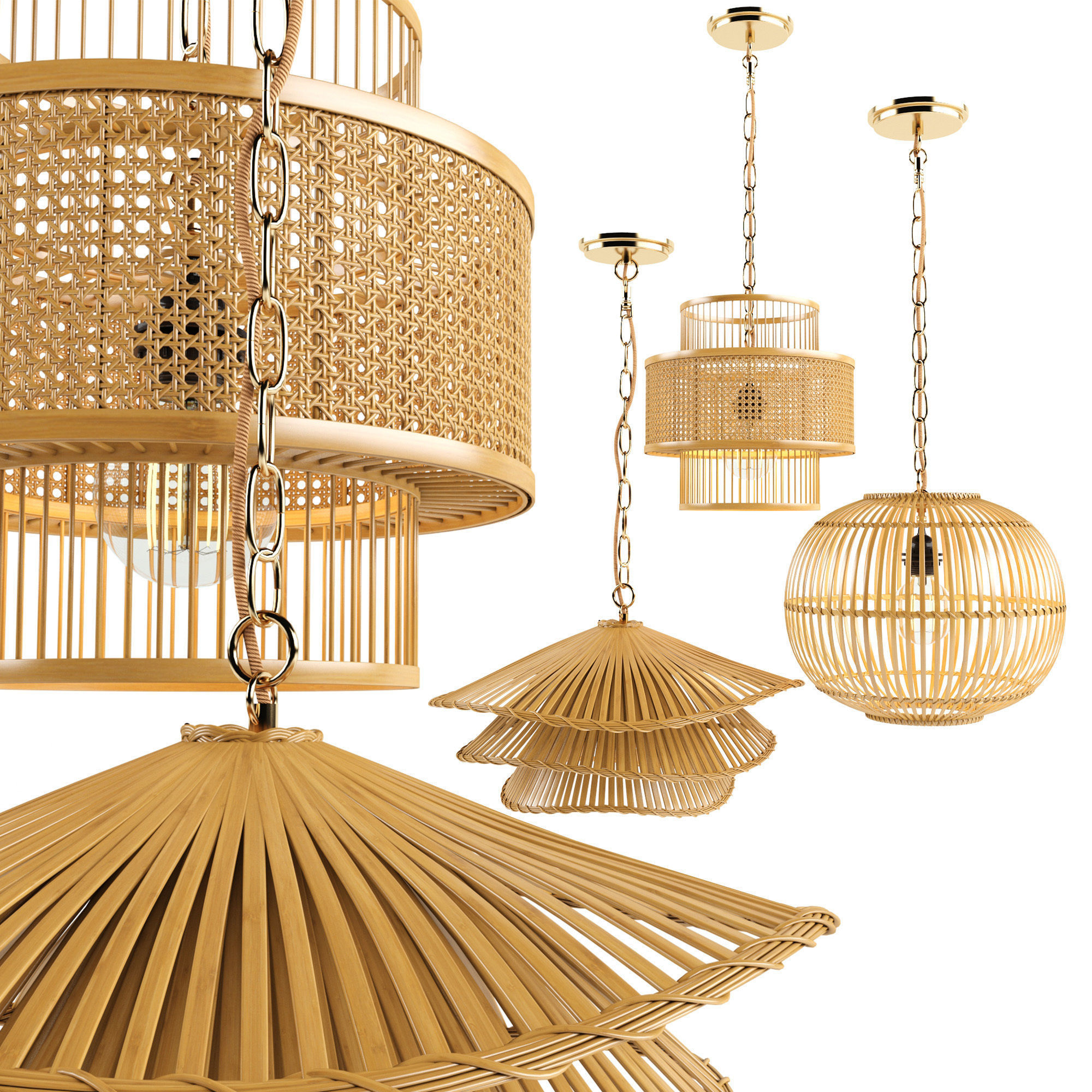 Bamboo rattan lantern set 2 3D model_2