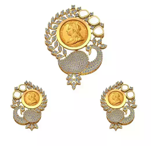 066 - Gold Coin - Peacock Pendant Set For Girls
