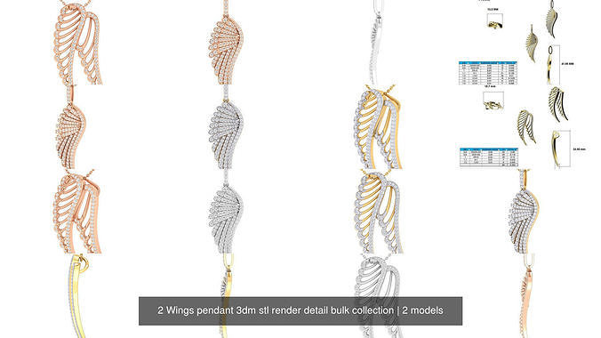 2 Wings pendant 3dm stl render detail bulk collection 