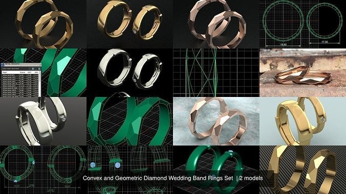 Convex and Geometric Diamond Wedding Band Rings Set  3D Model Collection