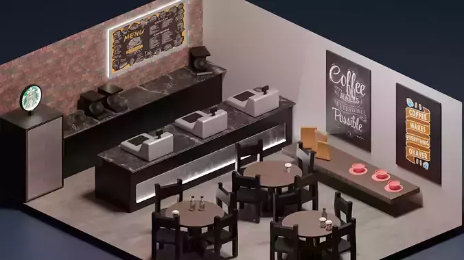 Blender 3D Low poly Coffe Shop Low-poly 3D model