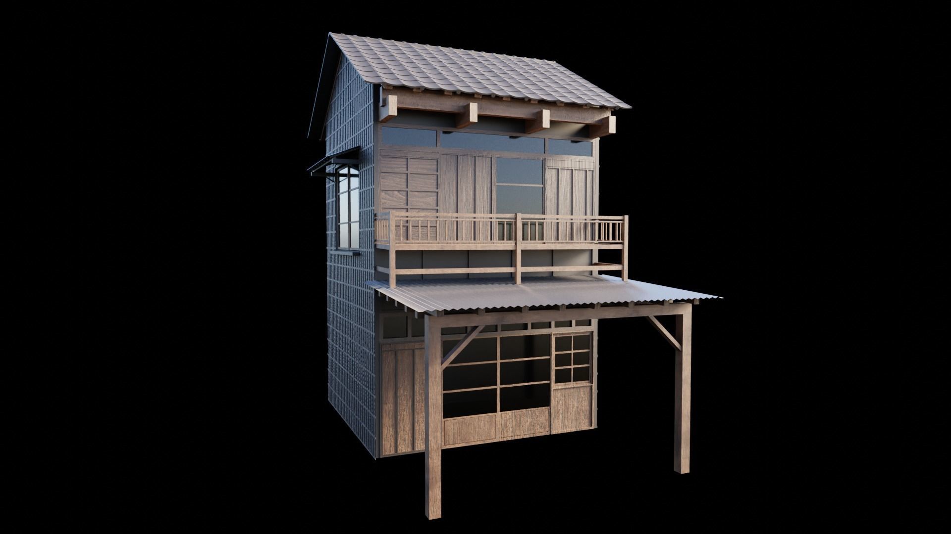 japanese wooden house Low-poly 3D model_1