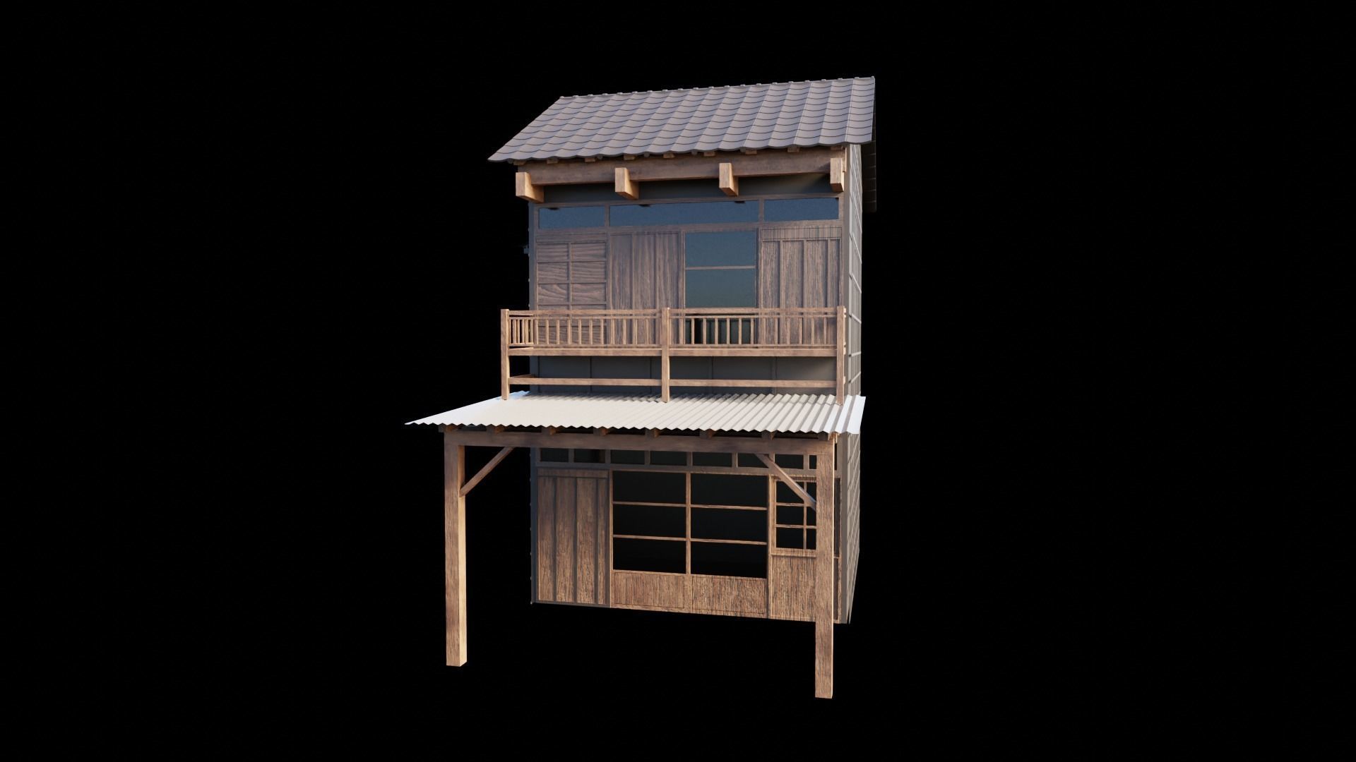 japanese wooden house Low-poly 3D model_2