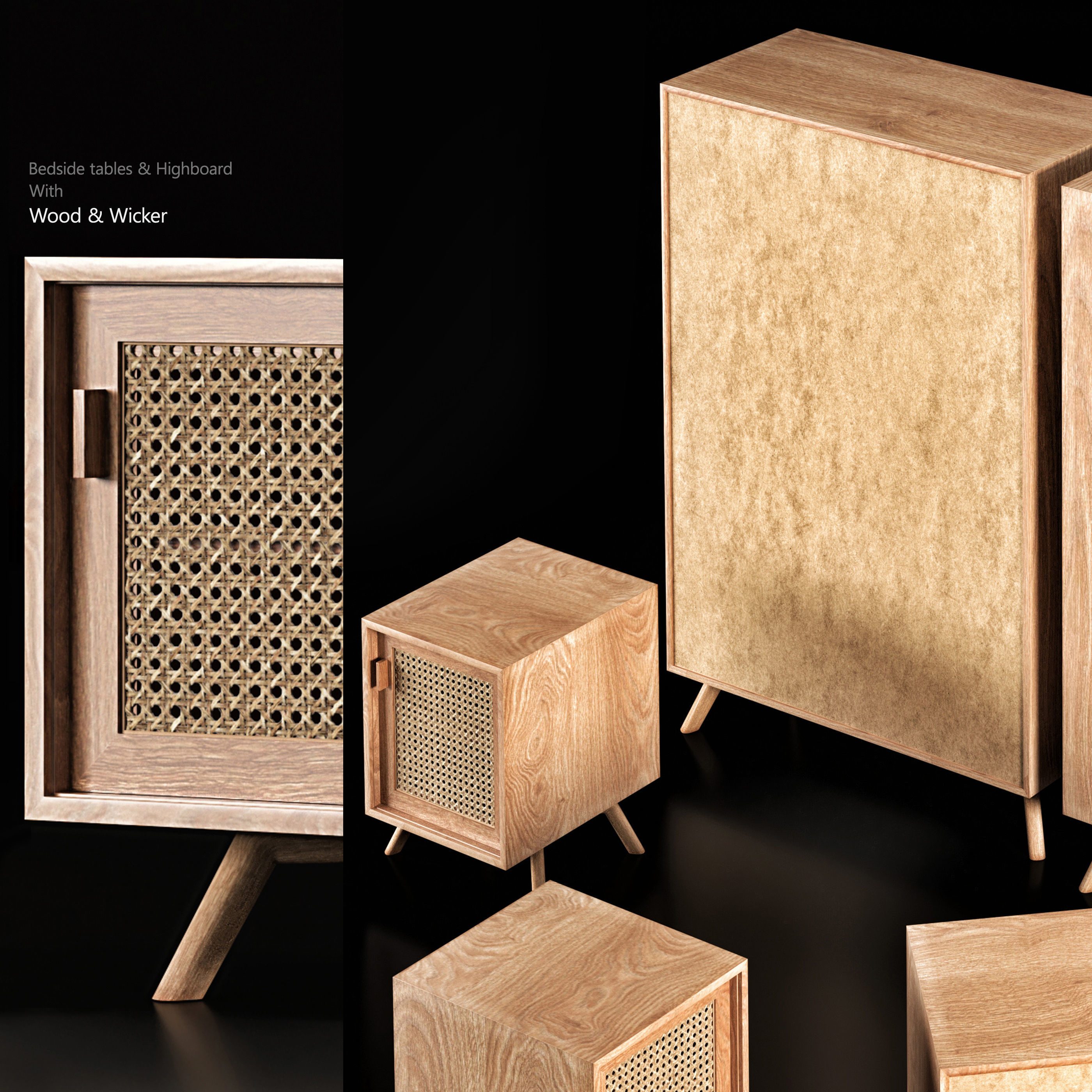 Bedside tables and Highboard With Wood and Wicker 3D model_5
