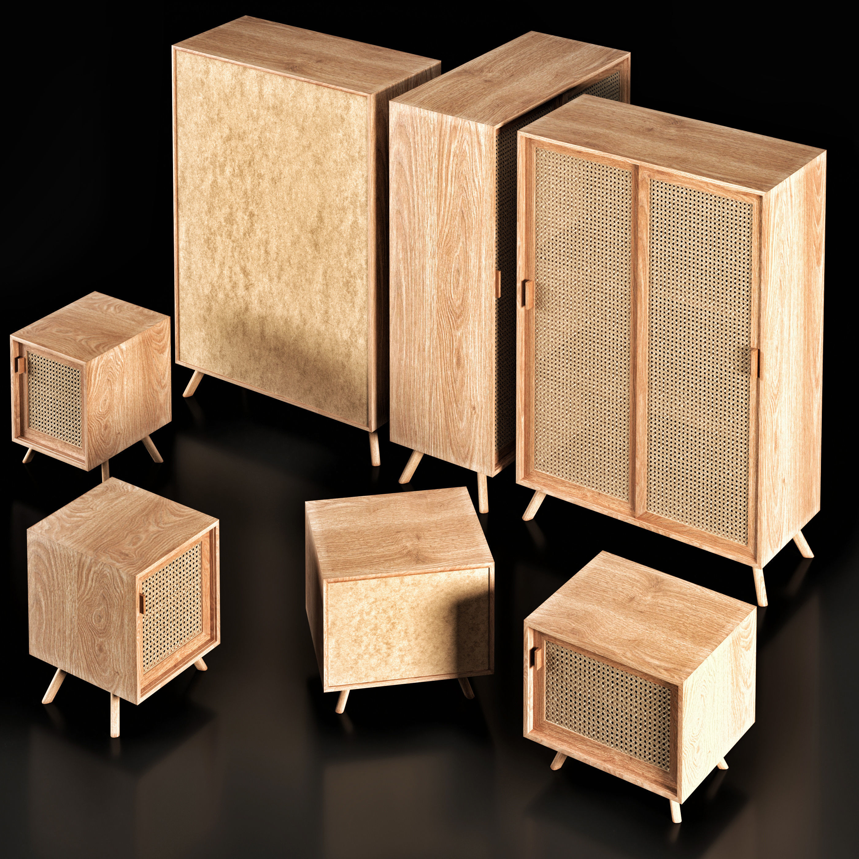 Bedside tables and Highboard With Wood and Wicker 3D model_2