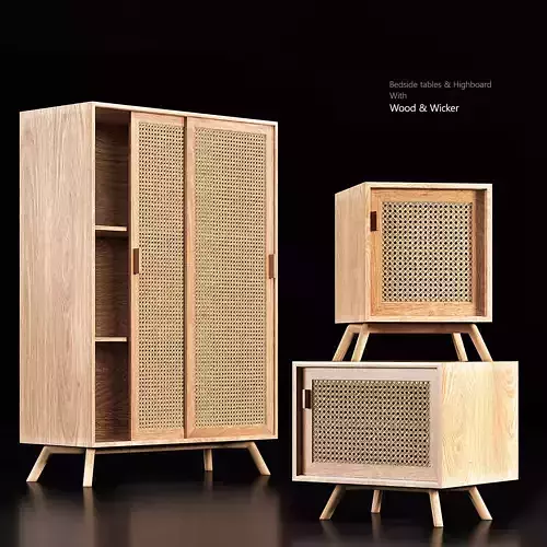Bedside tables and Highboard With Wood and Wicker 3D model