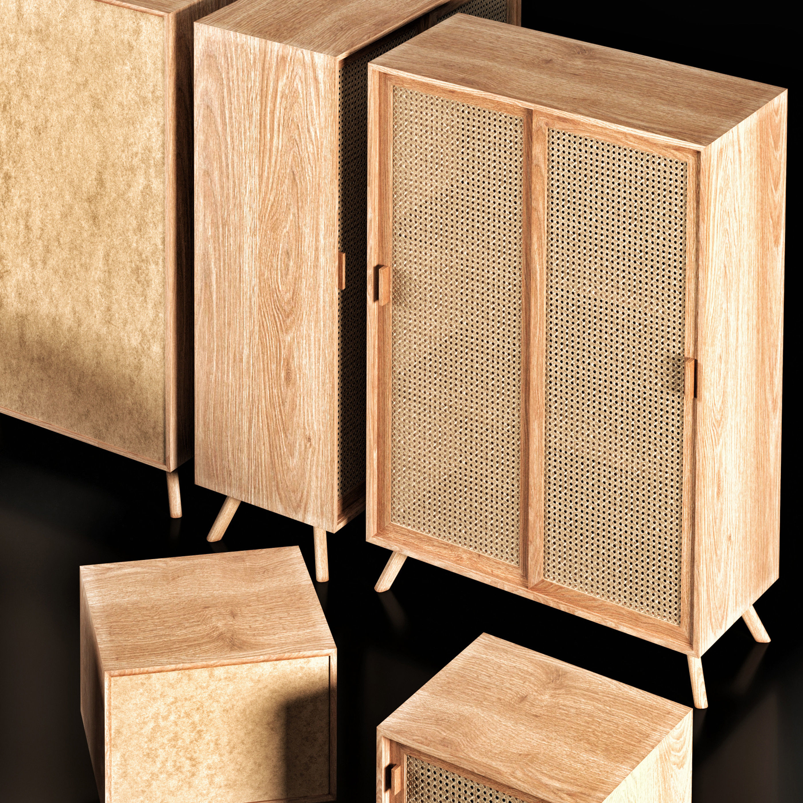 Bedside tables and Highboard With Wood and Wicker 3D model_4