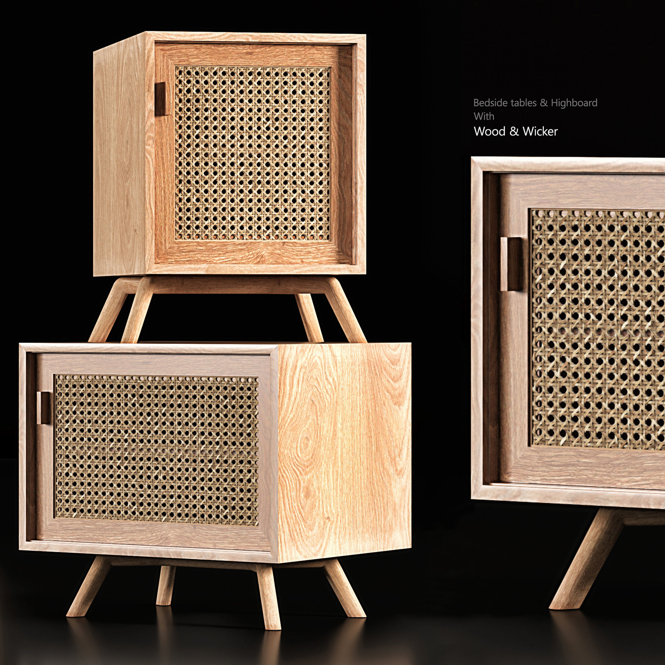 Bedside tables and Highboard With Wood and Wicker 3D model_1