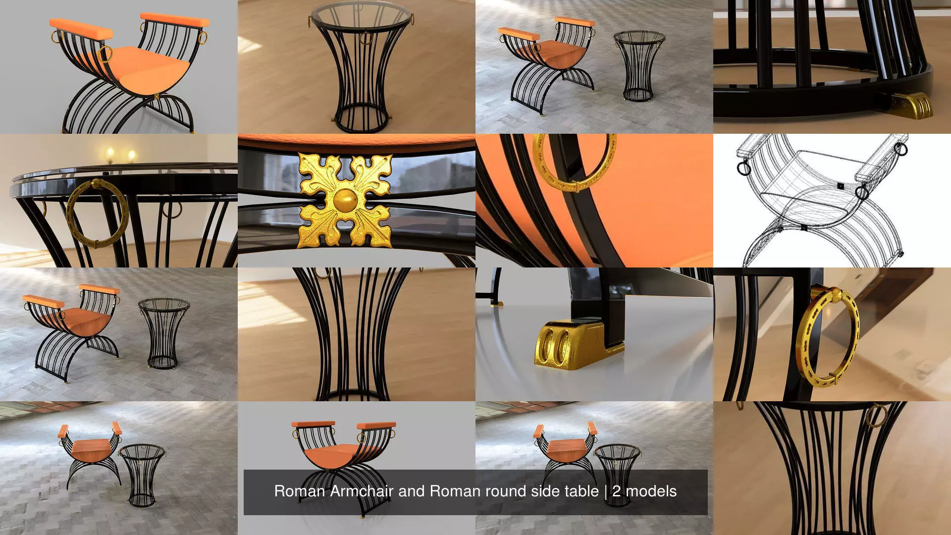 Roman Armchair and Roman round side table 3D Model Collection_1