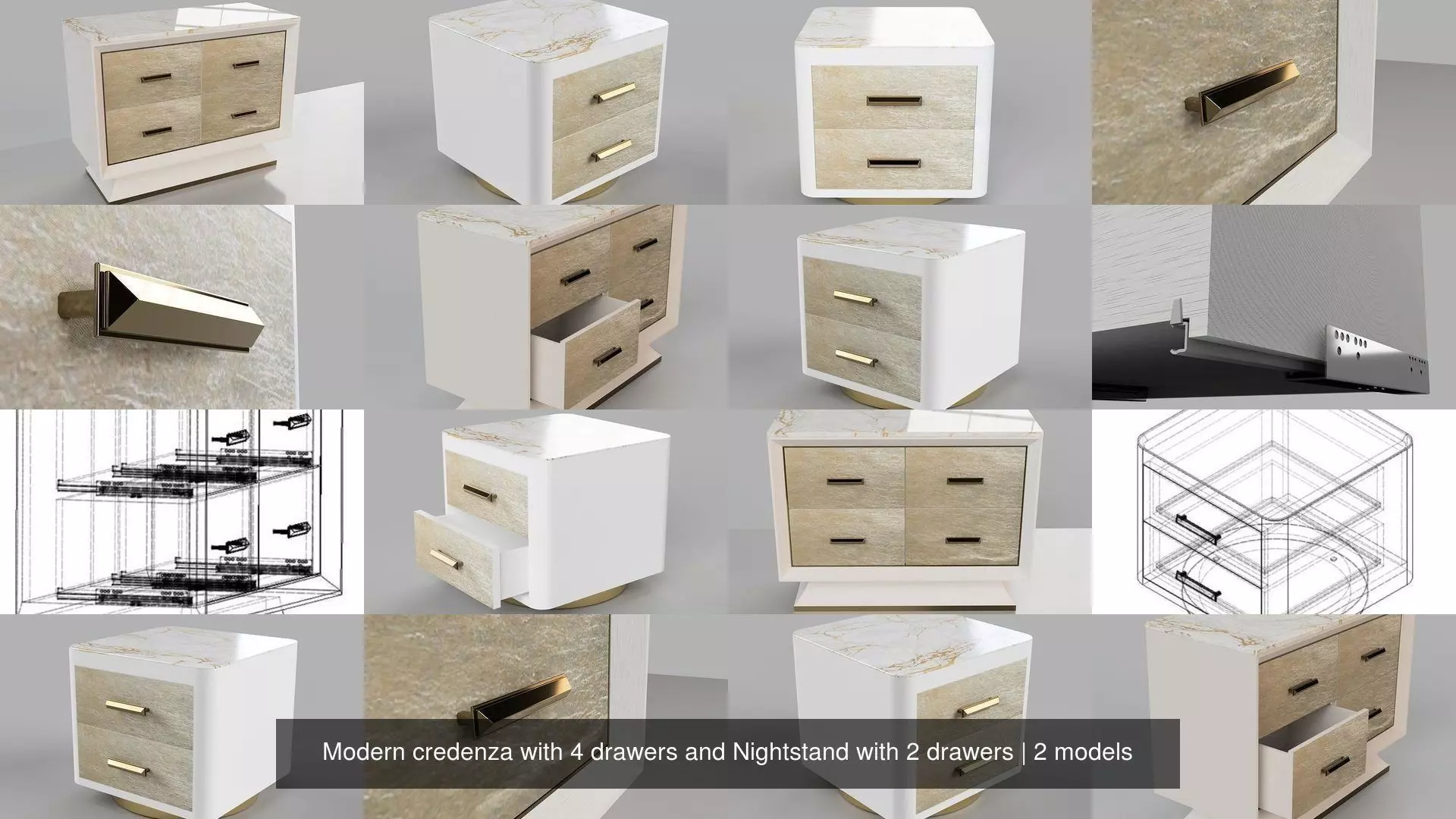 Modern credenza with 4 drawers and Nightstand with 2 drawers 3D Model Collection_0