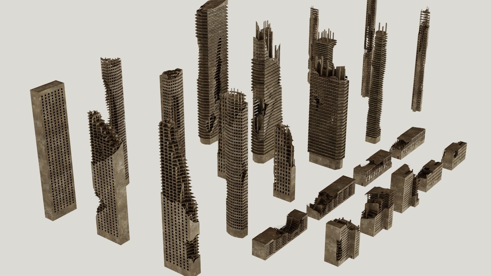 Post Apocalyptic destroyed skyscrapers Pack 3D model_1