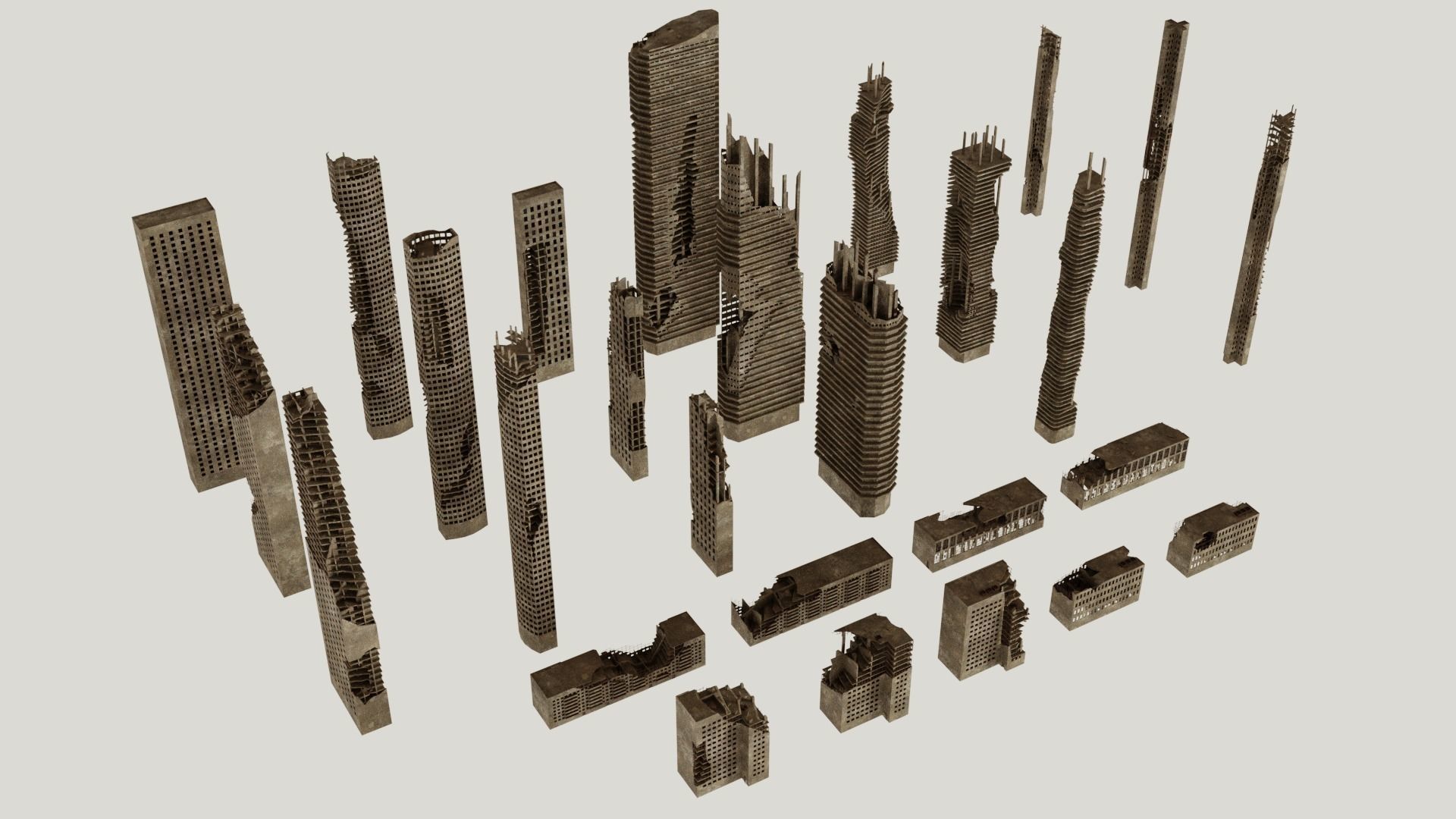 Post Apocalyptic destroyed skyscrapers Pack 3D model_4