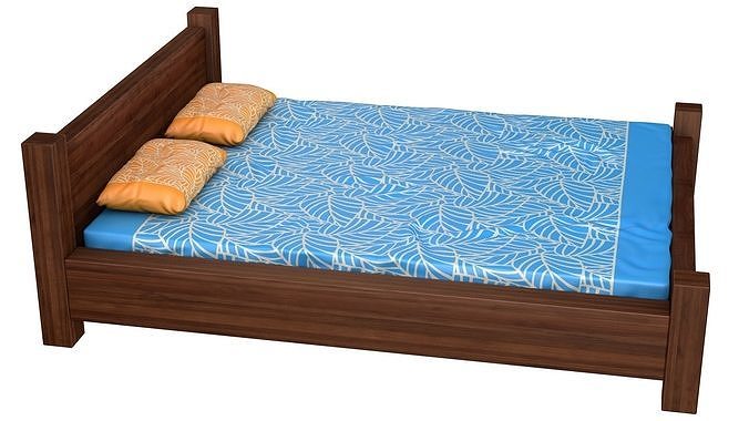 Bed 4 wooden with sheets 3D model