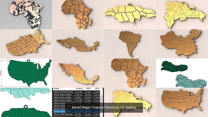 World Maps Charms Pendants 3D Model Collection