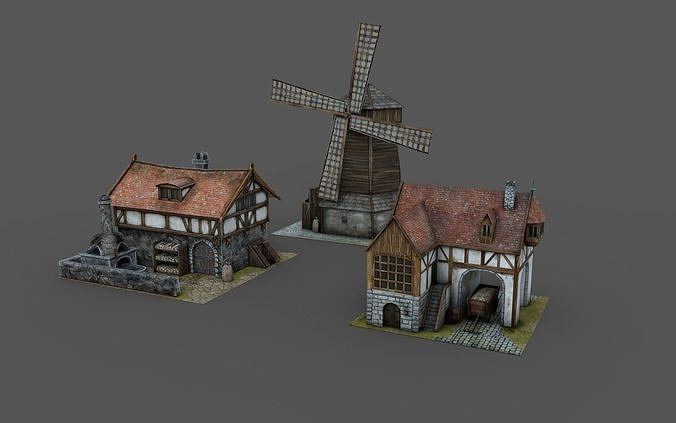 Low Poly Farm Set 3D Model medieval house Low-poly 3D model