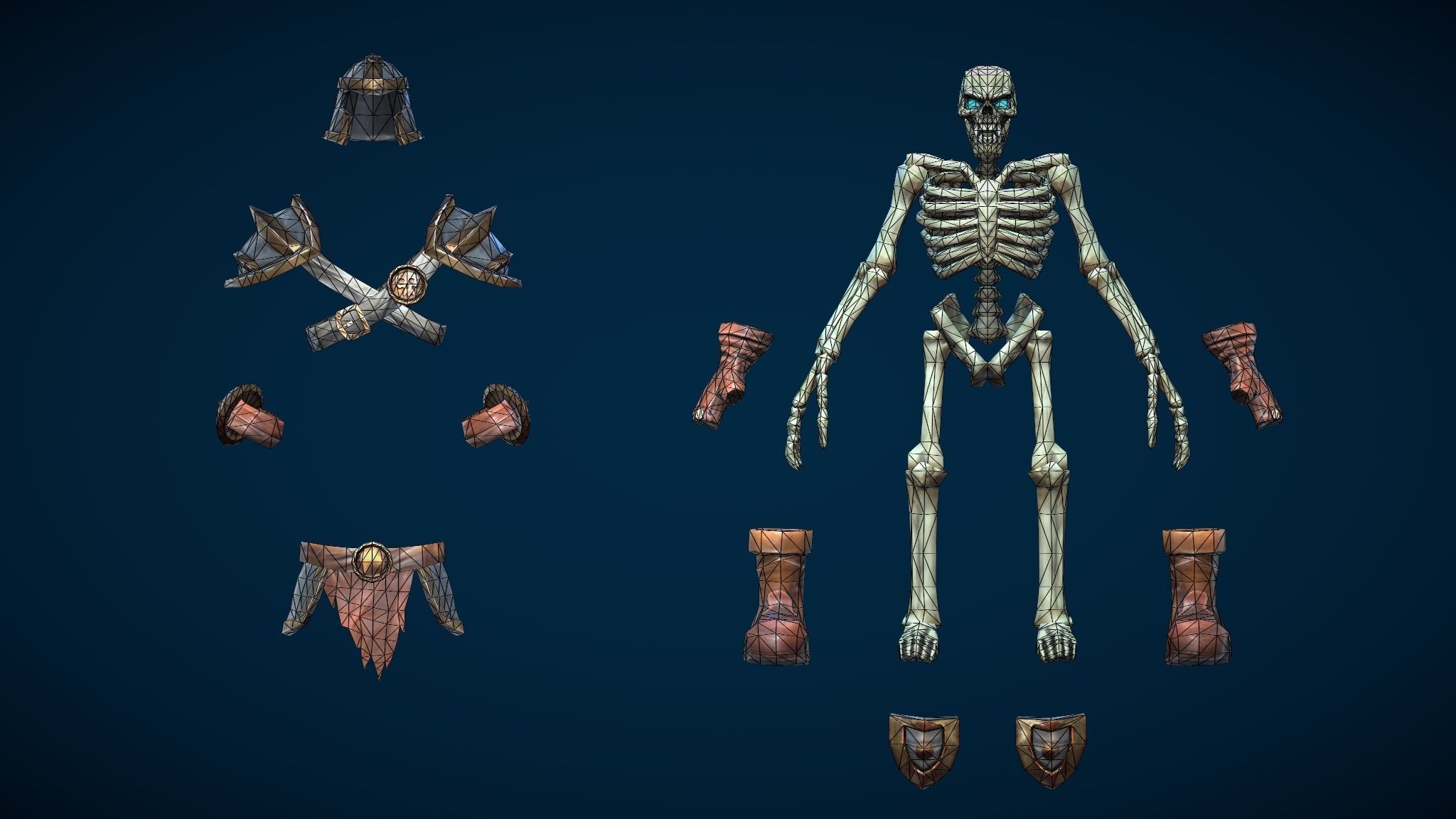 Skeleton Warrior With One-Handed Axe And Shield Low-poly 3D model_4