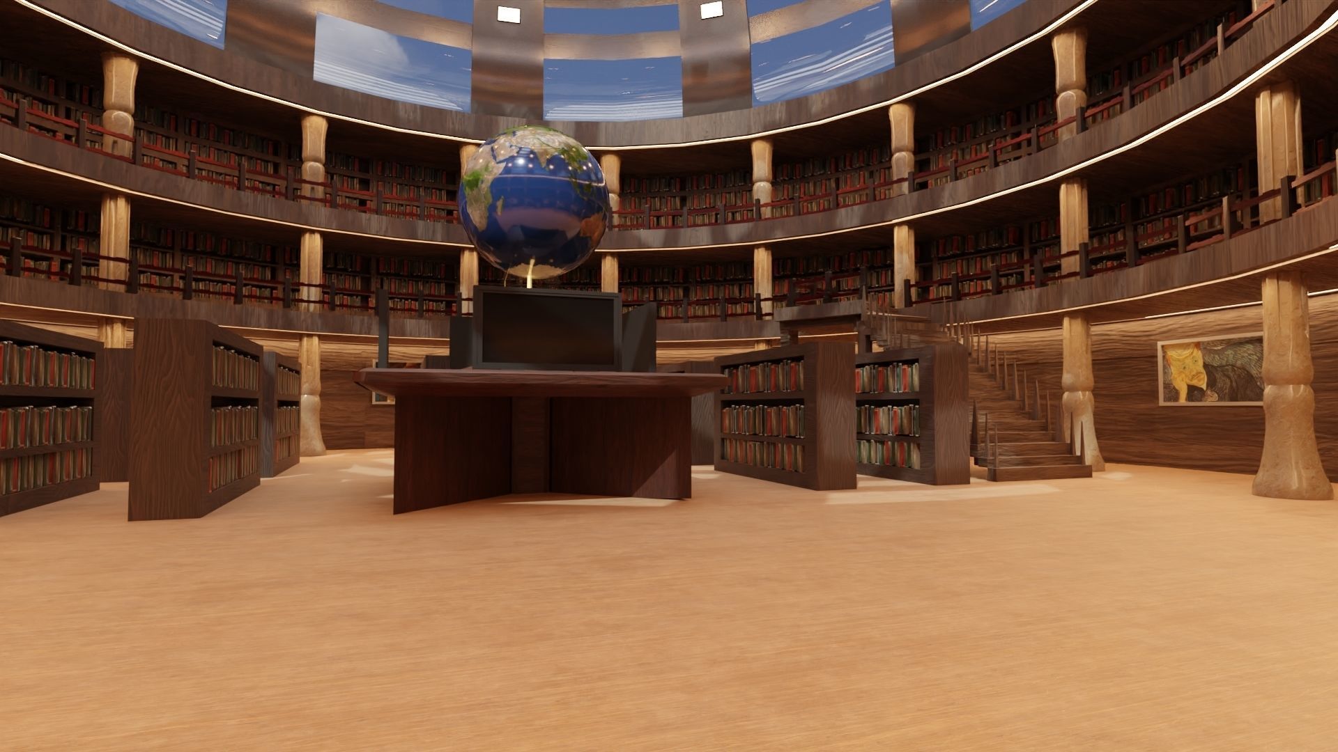 Library inside of with bookshelves and globe 3D model_3