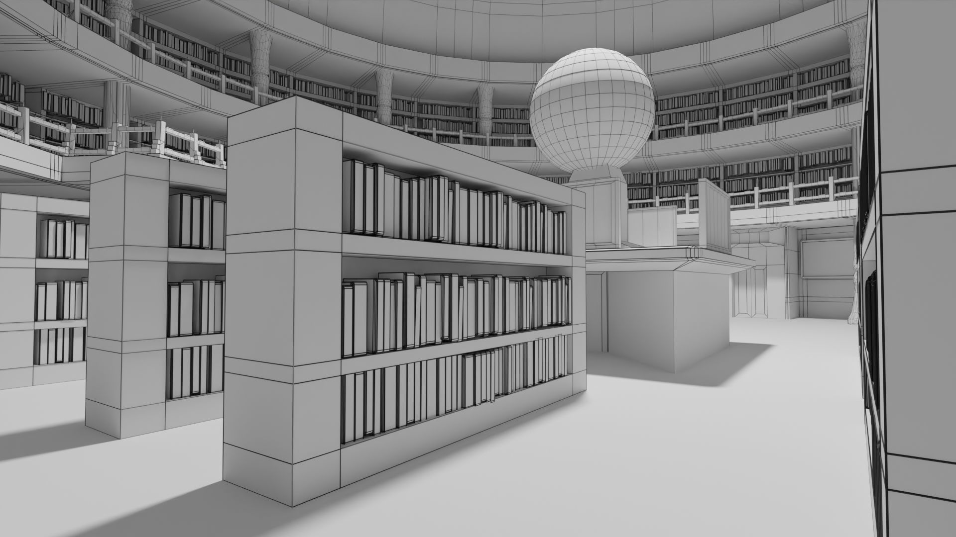 Library inside of with bookshelves and globe 3D model_12