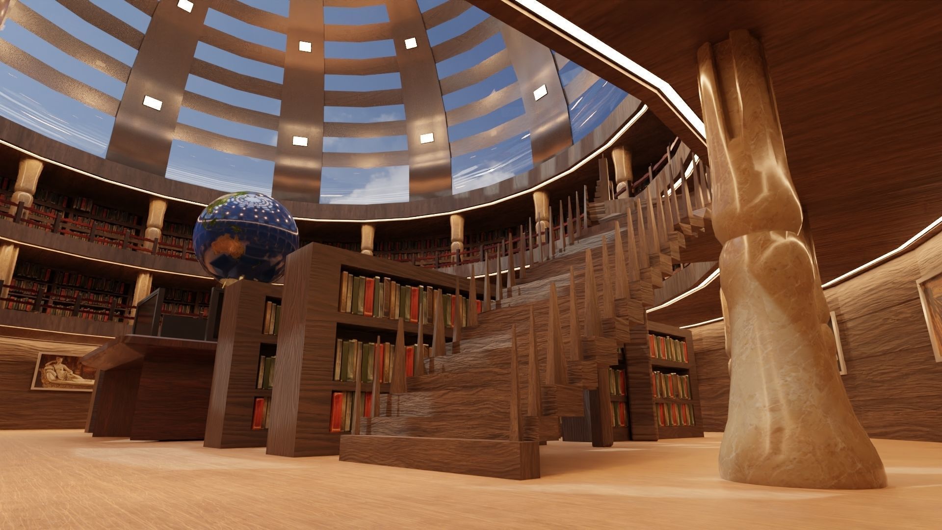 Library inside of with bookshelves and globe 3D model_7