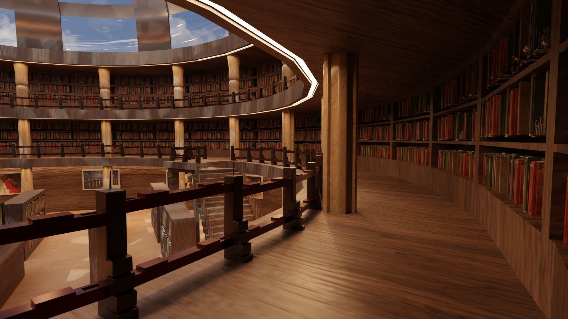 Library inside of with bookshelves and globe 3D model_4