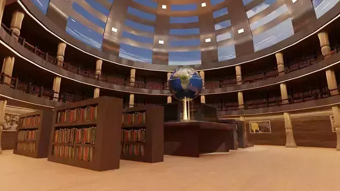 Library inside of with bookshelves and globe 3D model