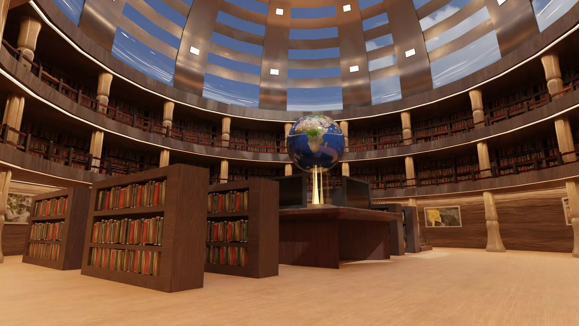 Library inside of with bookshelves and globe 3D model_0
