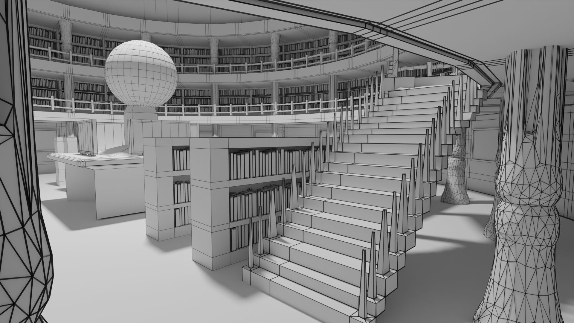 Library inside of with bookshelves and globe 3D model_14