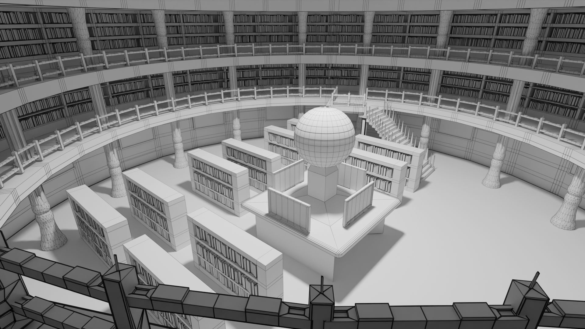 Library inside of with bookshelves and globe 3D model_11