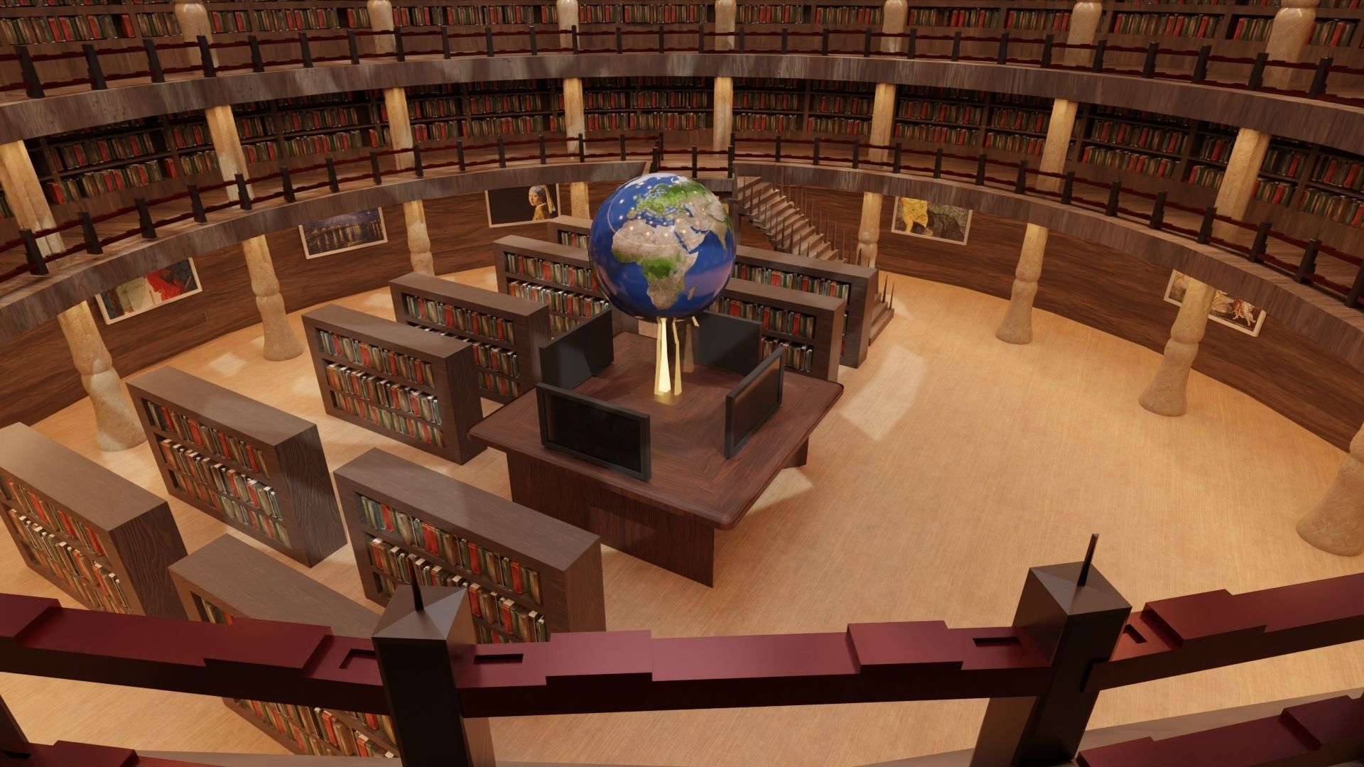 Library inside of with bookshelves and globe 3D model_1