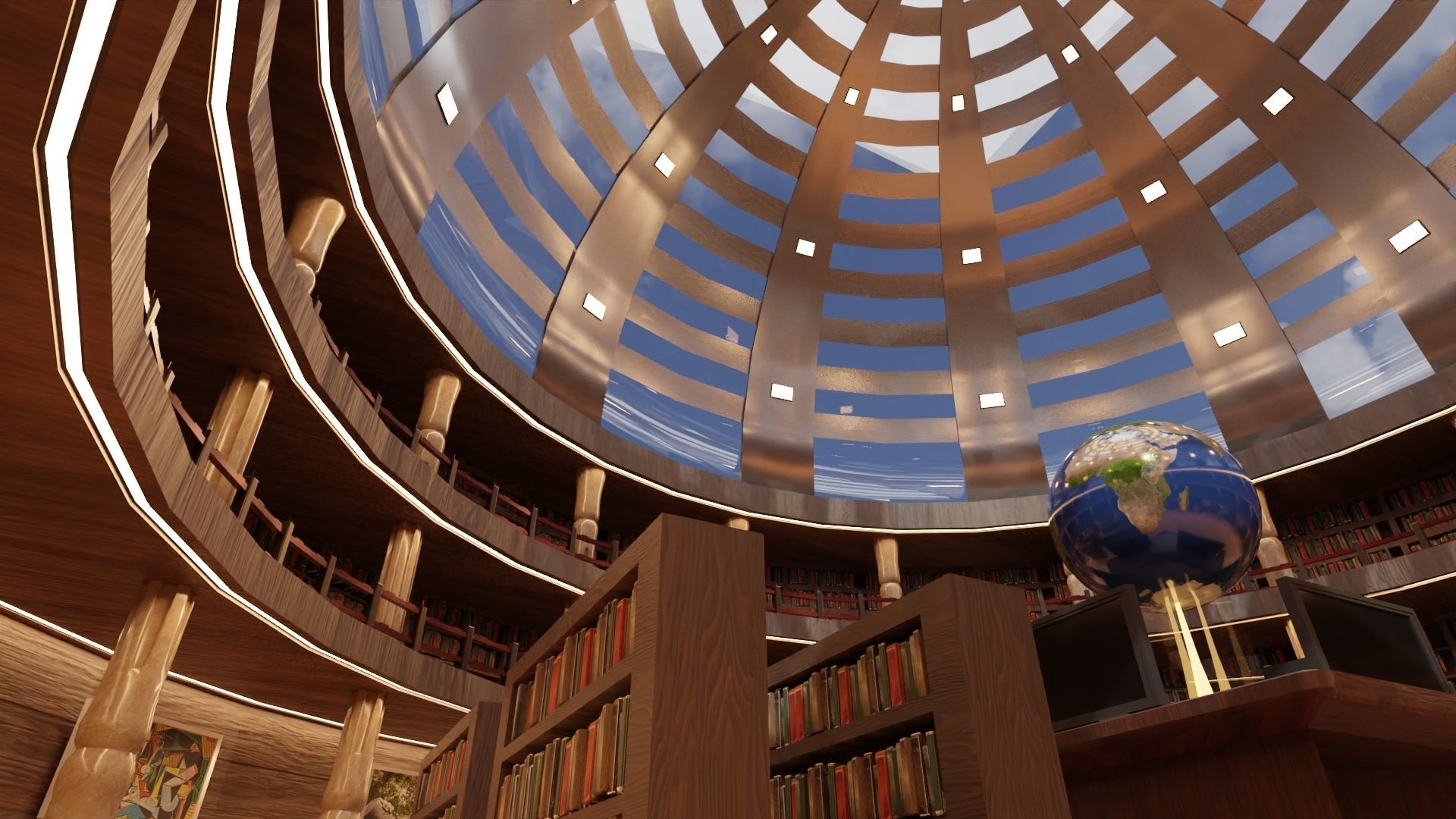 Library inside of with bookshelves and globe 3D model_6