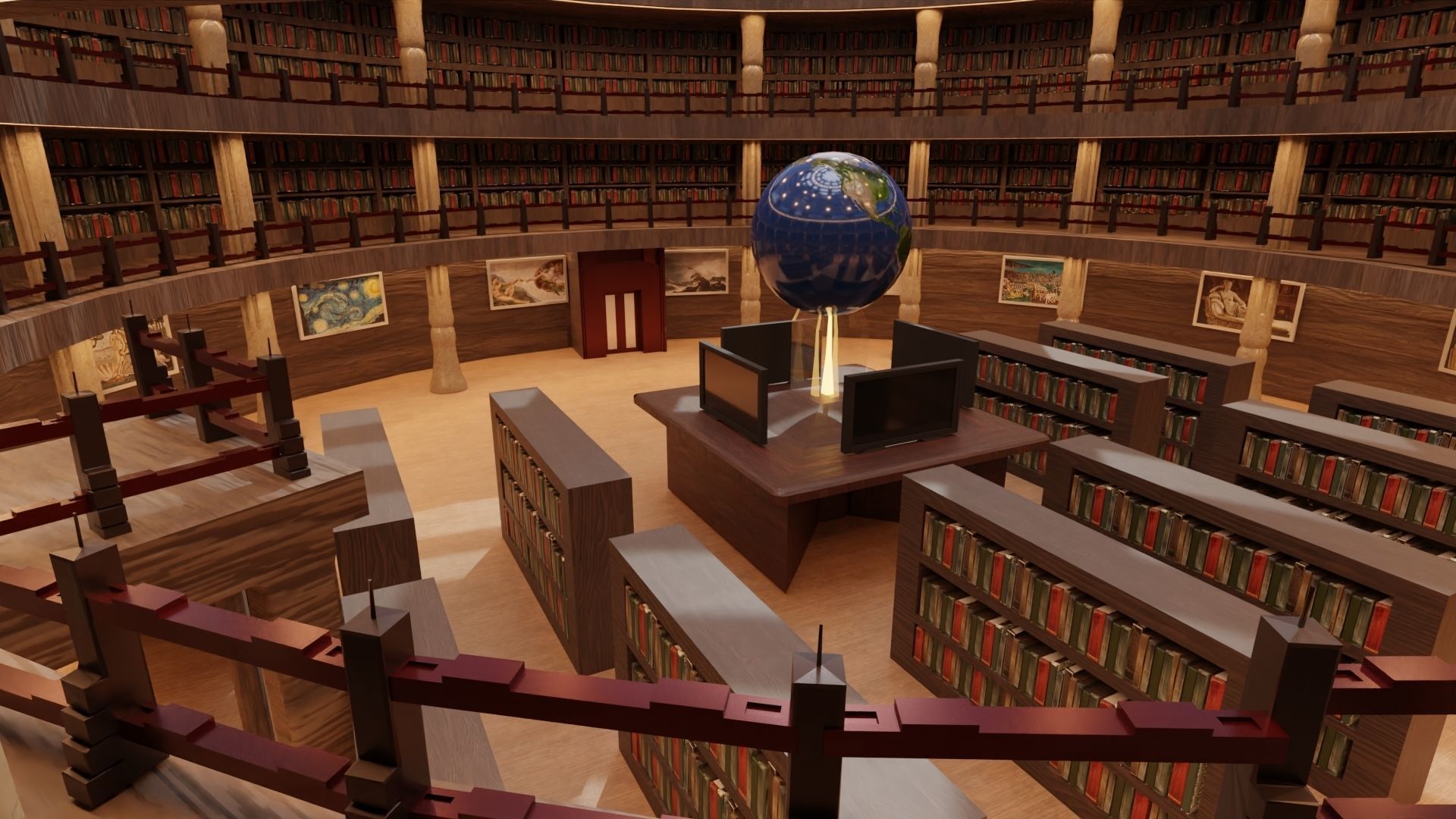 Library inside of with bookshelves and globe 3D model_8