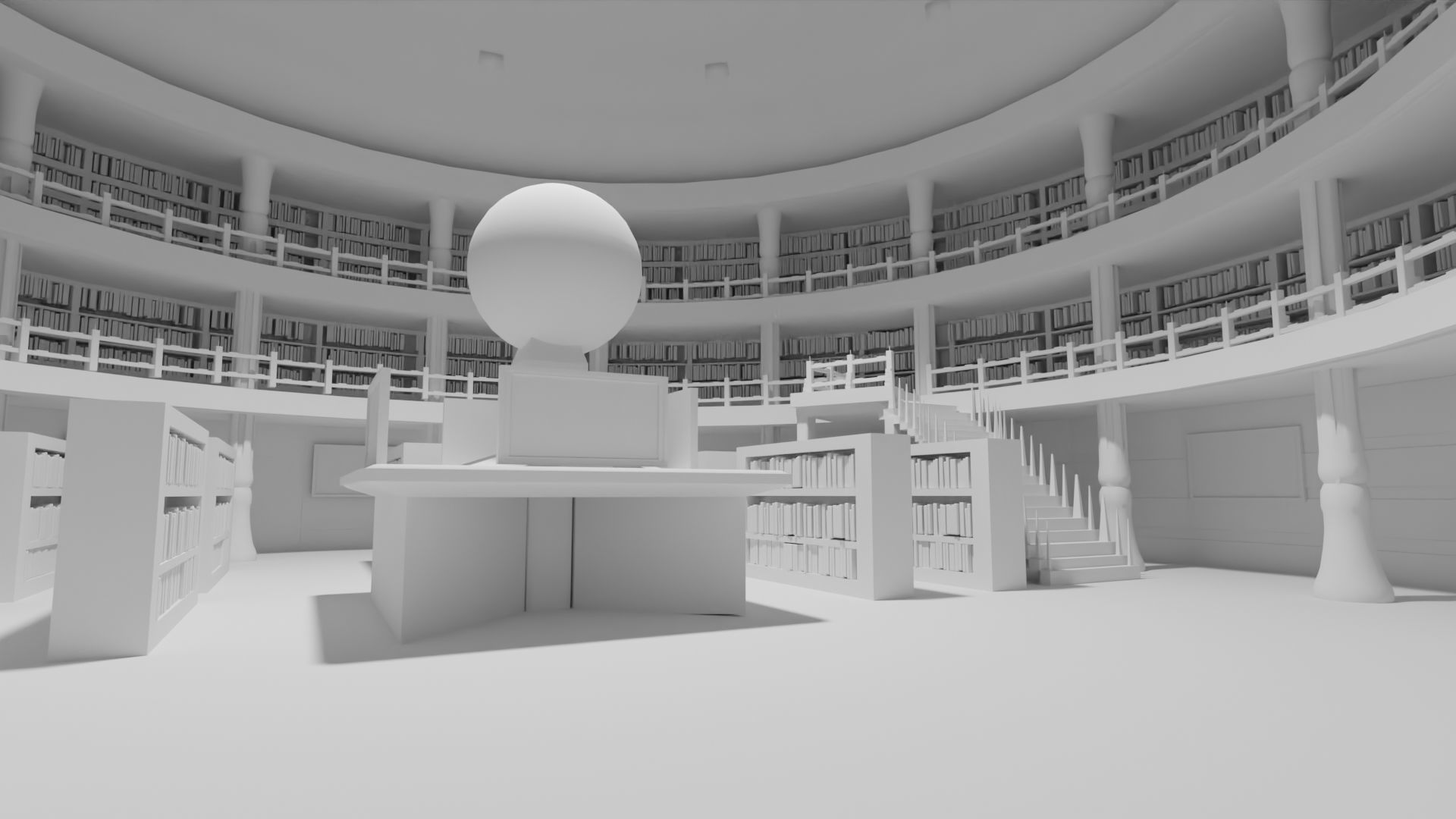 Library inside of with bookshelves and globe 3D model_9