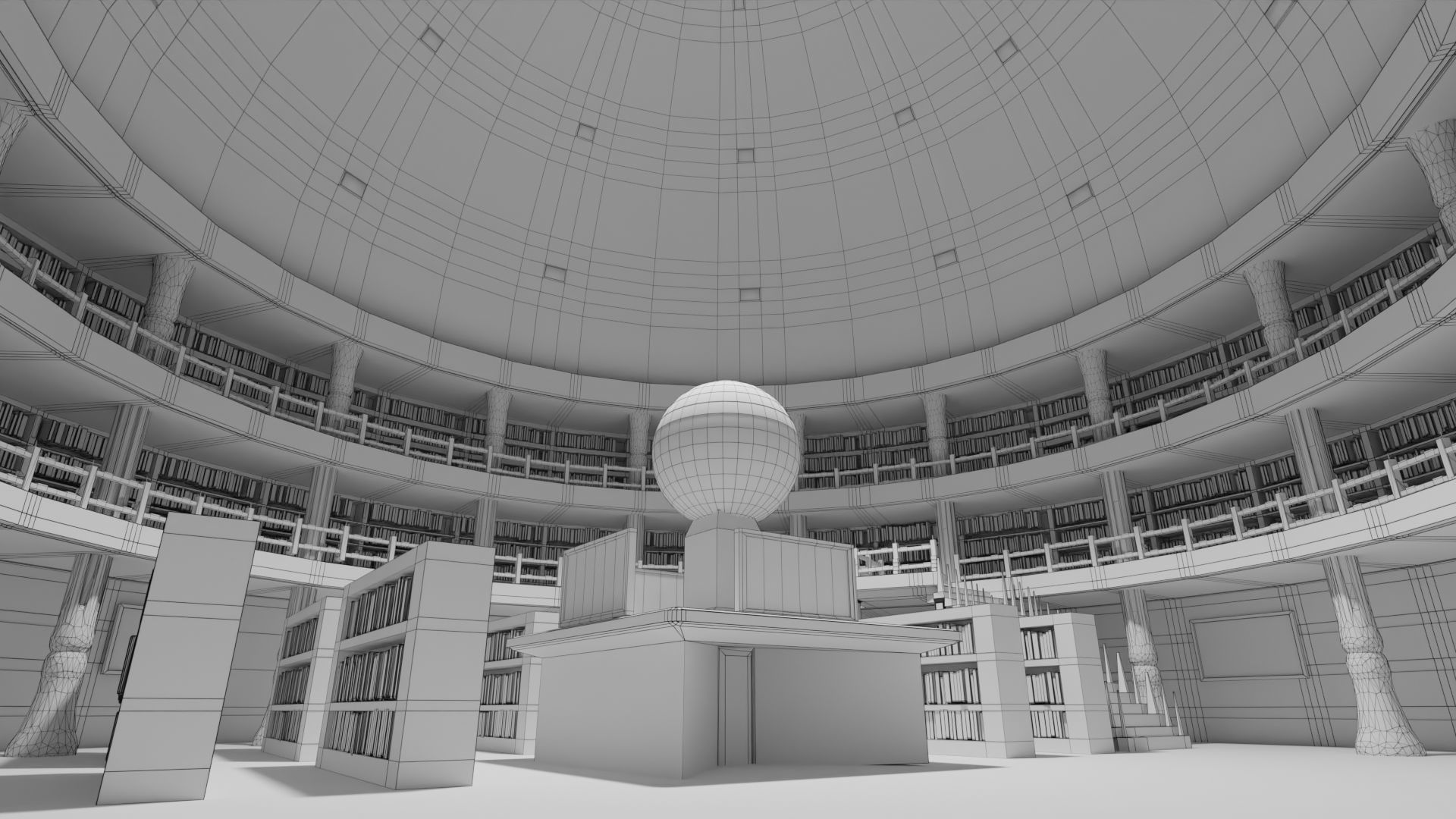 Library inside of with bookshelves and globe 3D model_13