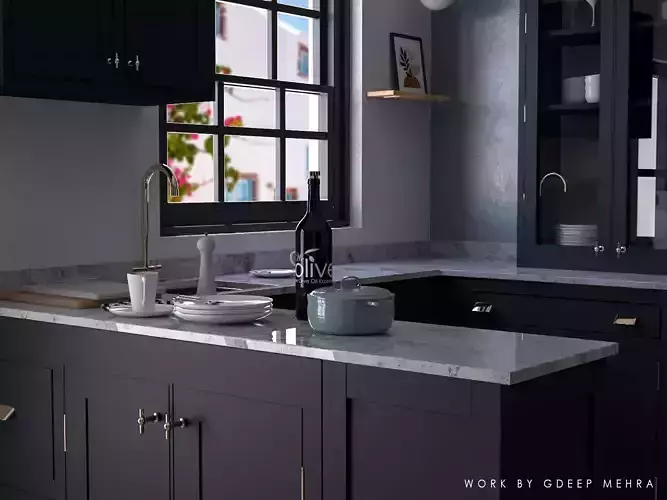 Kitchen with cabinets and marble counter tops