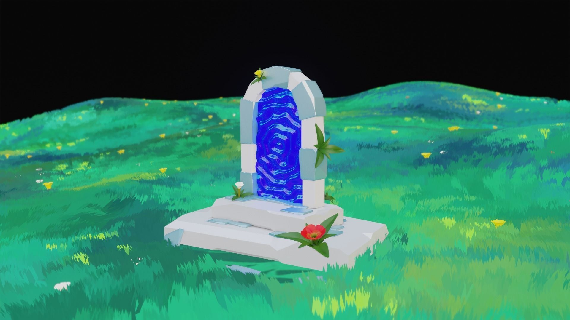 portal tombstone in middle of grassy field Low-poly 3D model_2