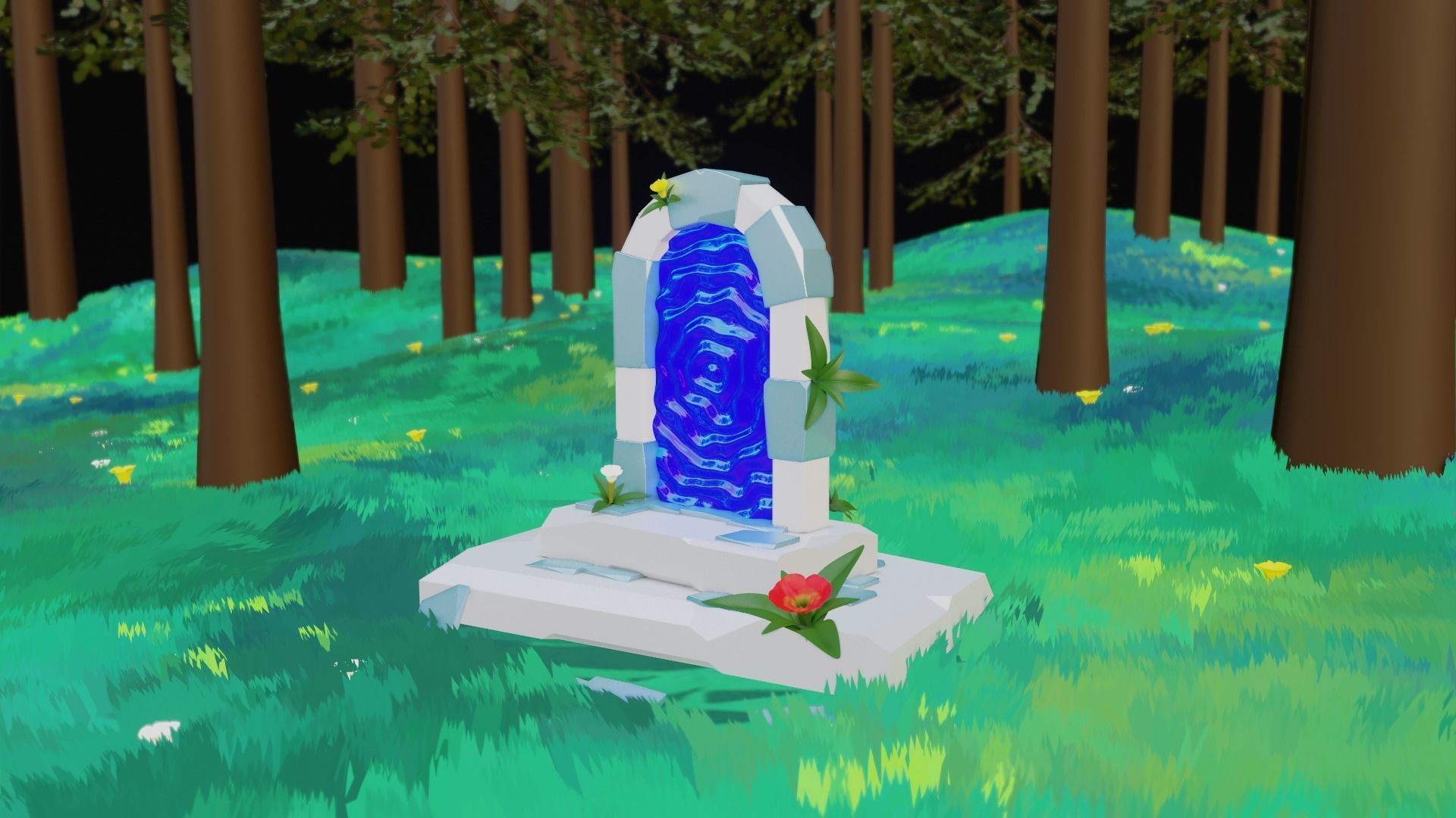 portal tombstone in middle of grassy field Low-poly 3D model_12