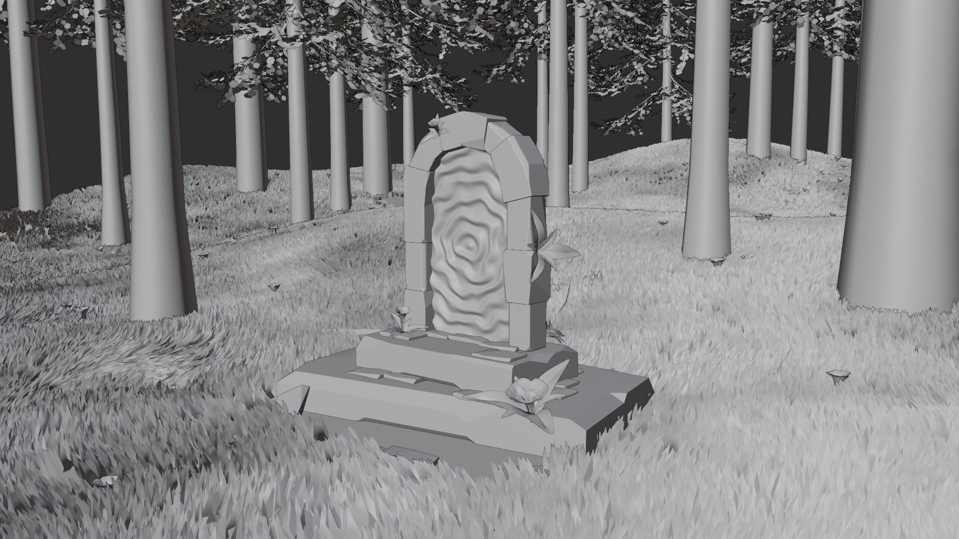 portal tombstone in middle of grassy field Low-poly 3D model_13