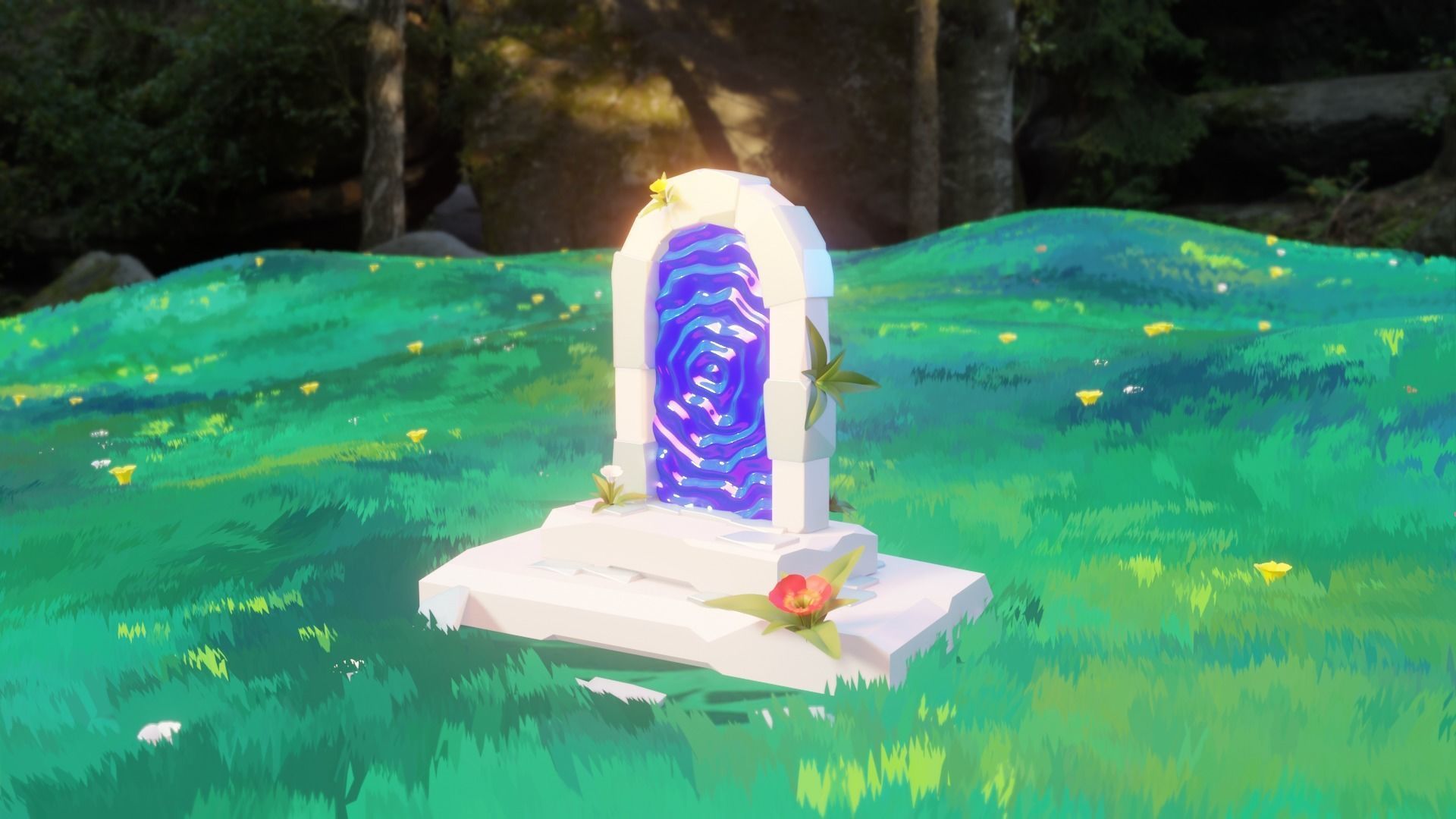 portal tombstone in middle of grassy field Low-poly 3D model_5